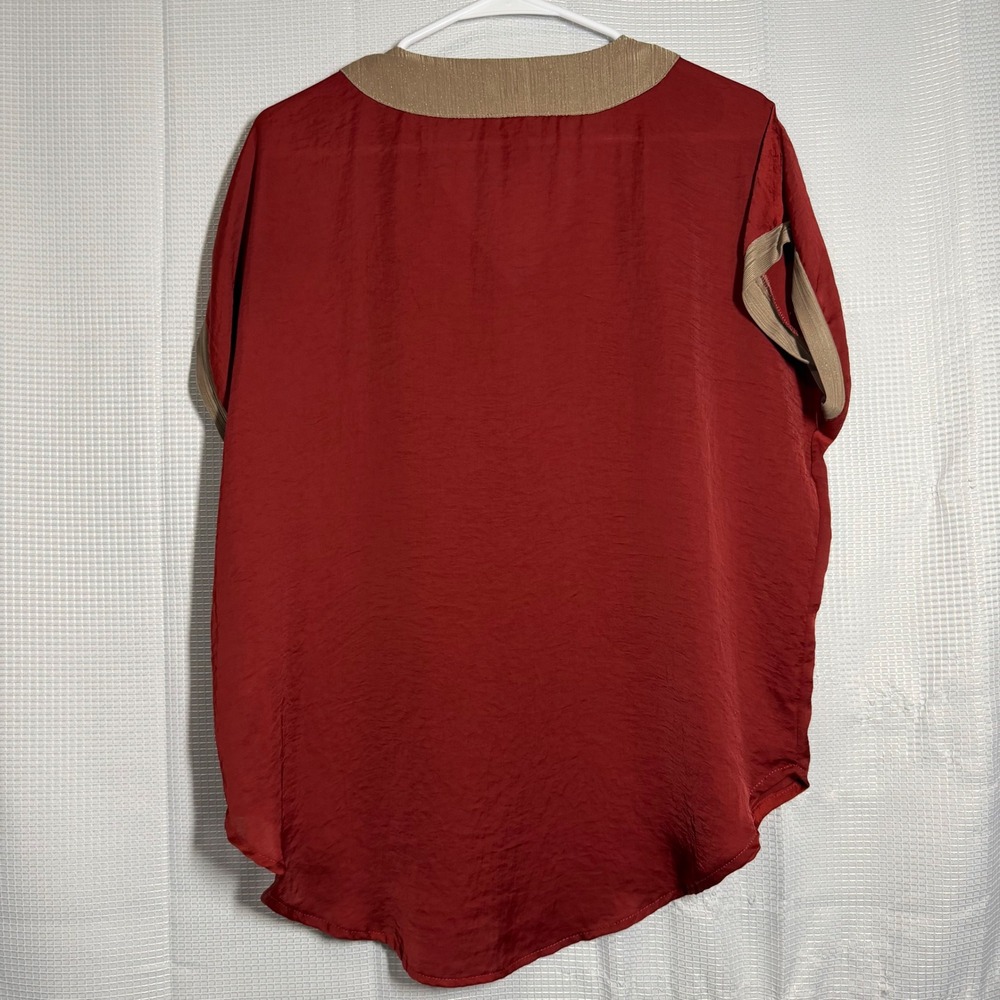 Melissa Paige Blouse Red Polyester V-Neck Contrast Trim Casual Chic S - Picture 3 of 5